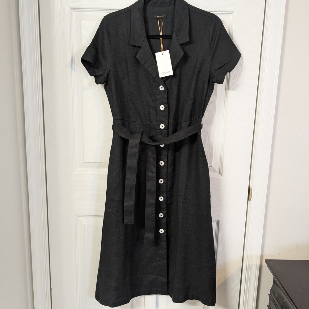 Quince 100% European Linen Button Front Midi Dress, Black size small NWT